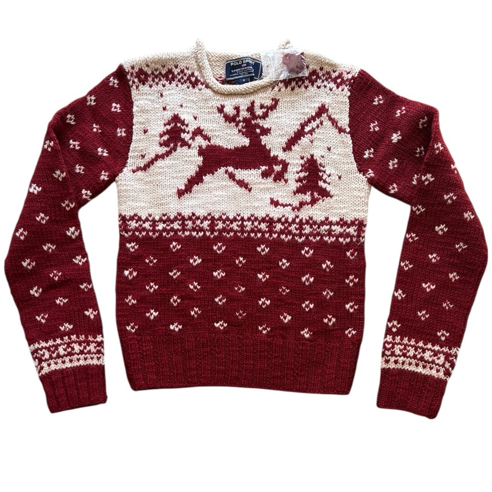 Polo Ralph Lauren NWOT Vintage Women's Hand Knit Red Deer Wool Sweater Small NEW